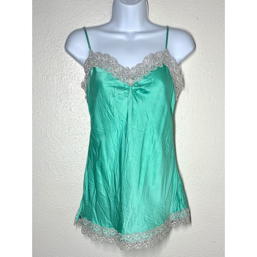 VTG Charlotte Y2K Seafoam Green 100% Silk Cami Top Medium Crochet Trim EUC - Picture 7 of 7